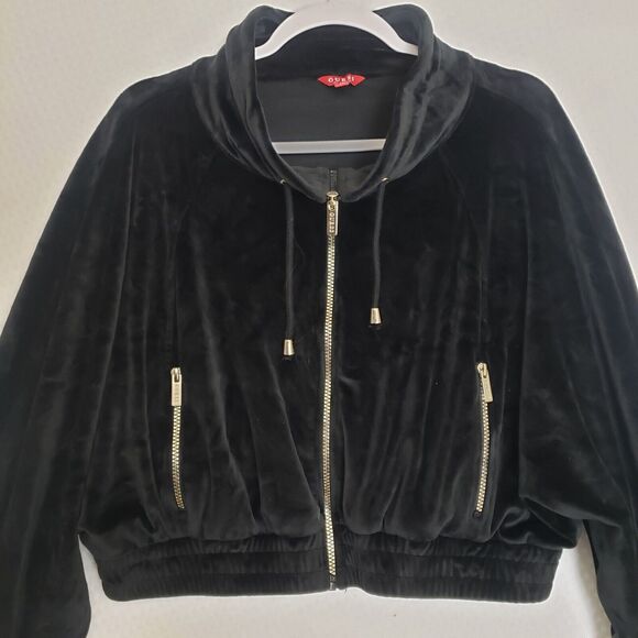 Guess‎ Womens Black Velour Crop Y2K Style Bomber Jacket Metal Zippers Size XL - Picture 2 of 9